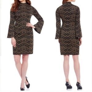 Alex Marie Aly Sparkly black/Gold Lace Jacquard Bell Sleeve Dress sz 8